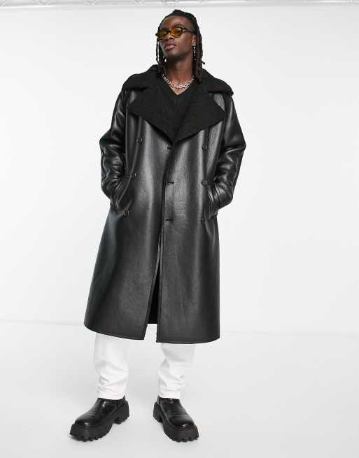 ASOS DESIGN - Trenchcoat van imitatieleer met voering van borg in zwart, 4 van 4