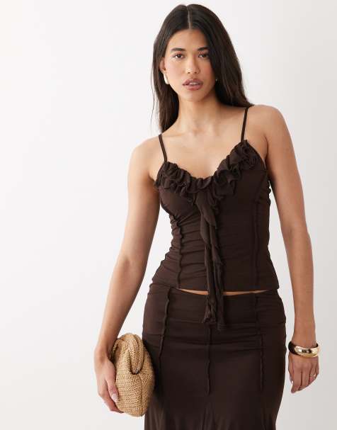 ASOS DESIGN - Trøffelbrun cami-top med stretch og flæser i chiffon - Del af sæt - view 1