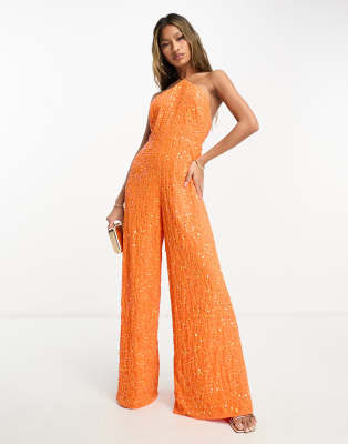 ASOS DESIGN - Triangel-Jumpsuit in Orange mit Neckholder und Pailletten