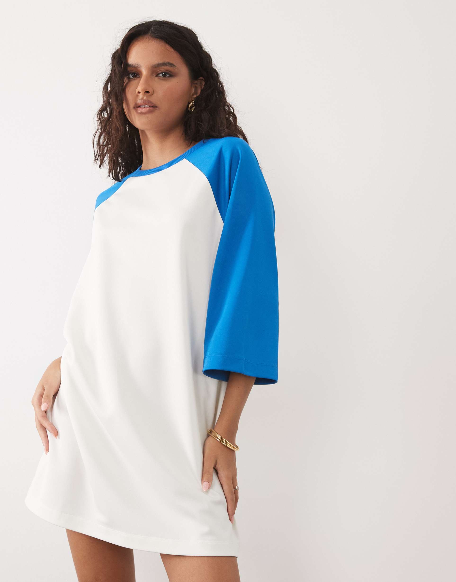 asos design tricot contrast raglan sleeve mini t-shirt dress in bright blue and white
