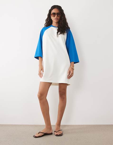 blue and white t shirt dress Alexandra T-Shirt - Sky Stripe / L and effortlessly cute with puff sleeves and contrast trim details that give it an elevated everyday feel Blue Tshirt Dresses | Explore