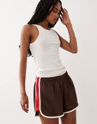 Asos Design Tricot Piping Detail Runner Shorts In Brown