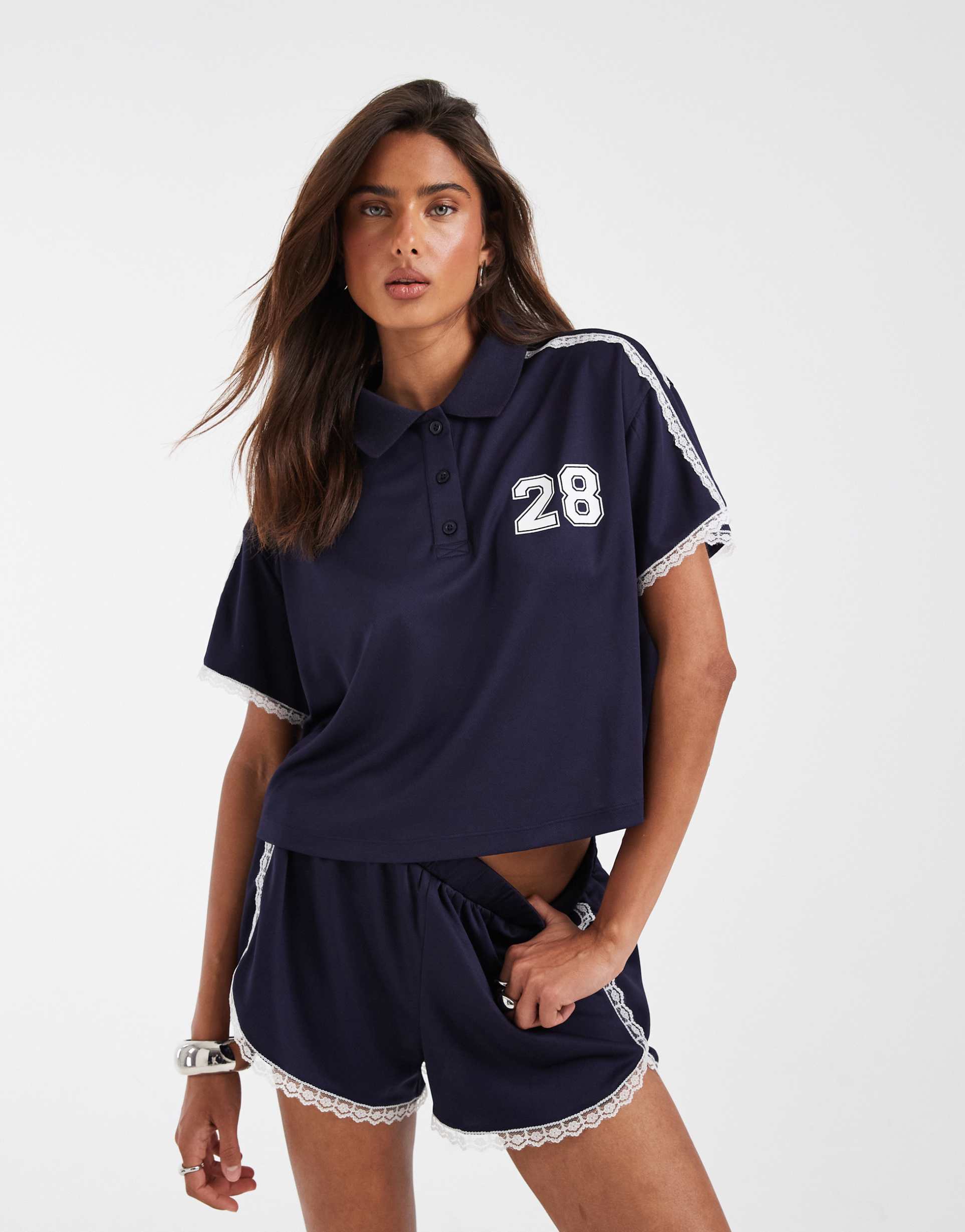 asos design tricot sporty polo top with lace detail in navy - part of a set