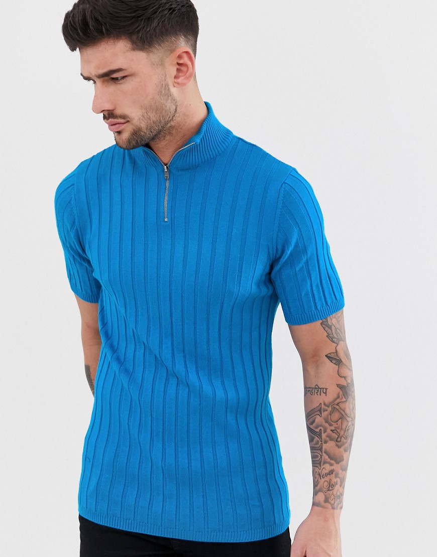 ASOS DESIGN - Tricot T-shirt met ribbels en korte rits in neonblauw