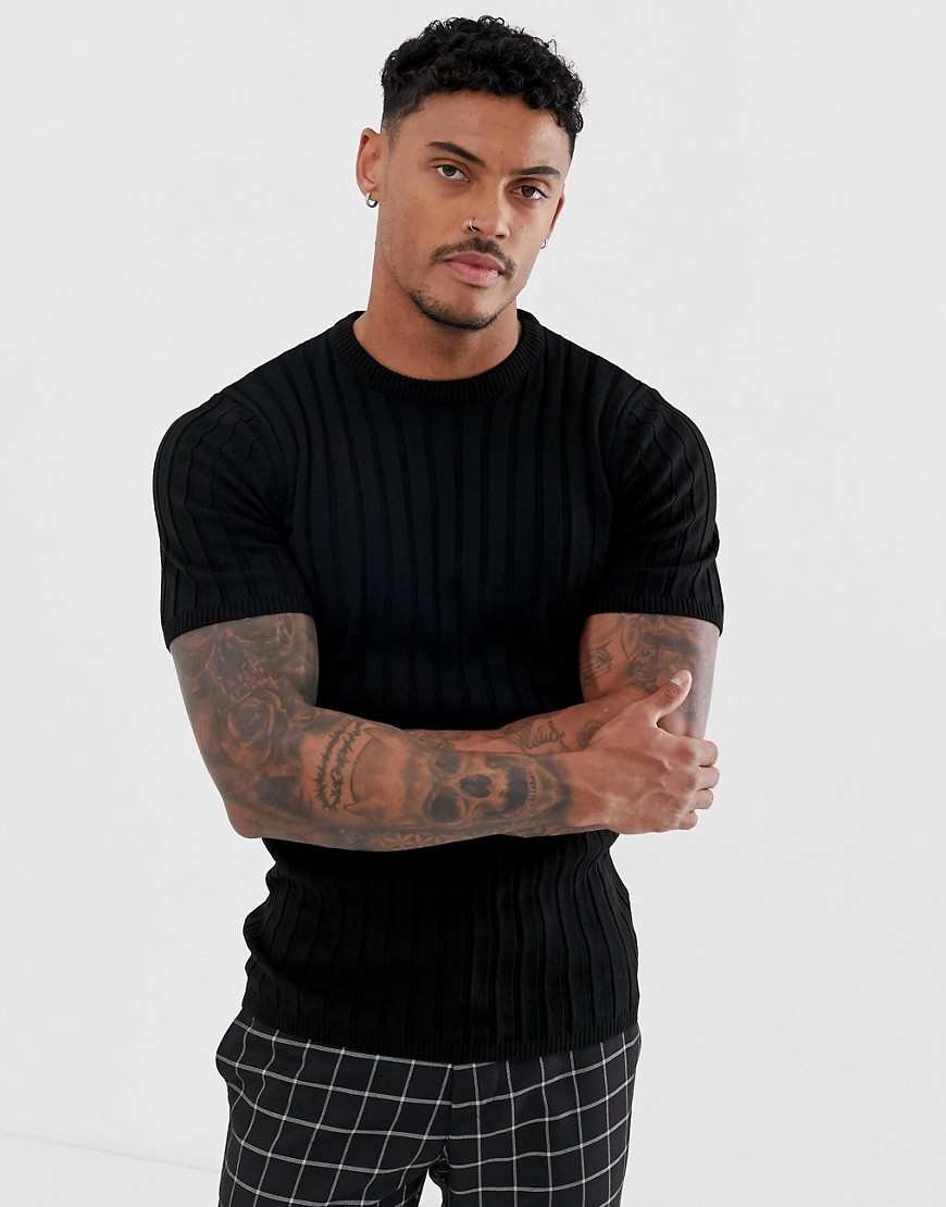 ASOS DESIGN - Tricot T-shirt met ribbels in zwart