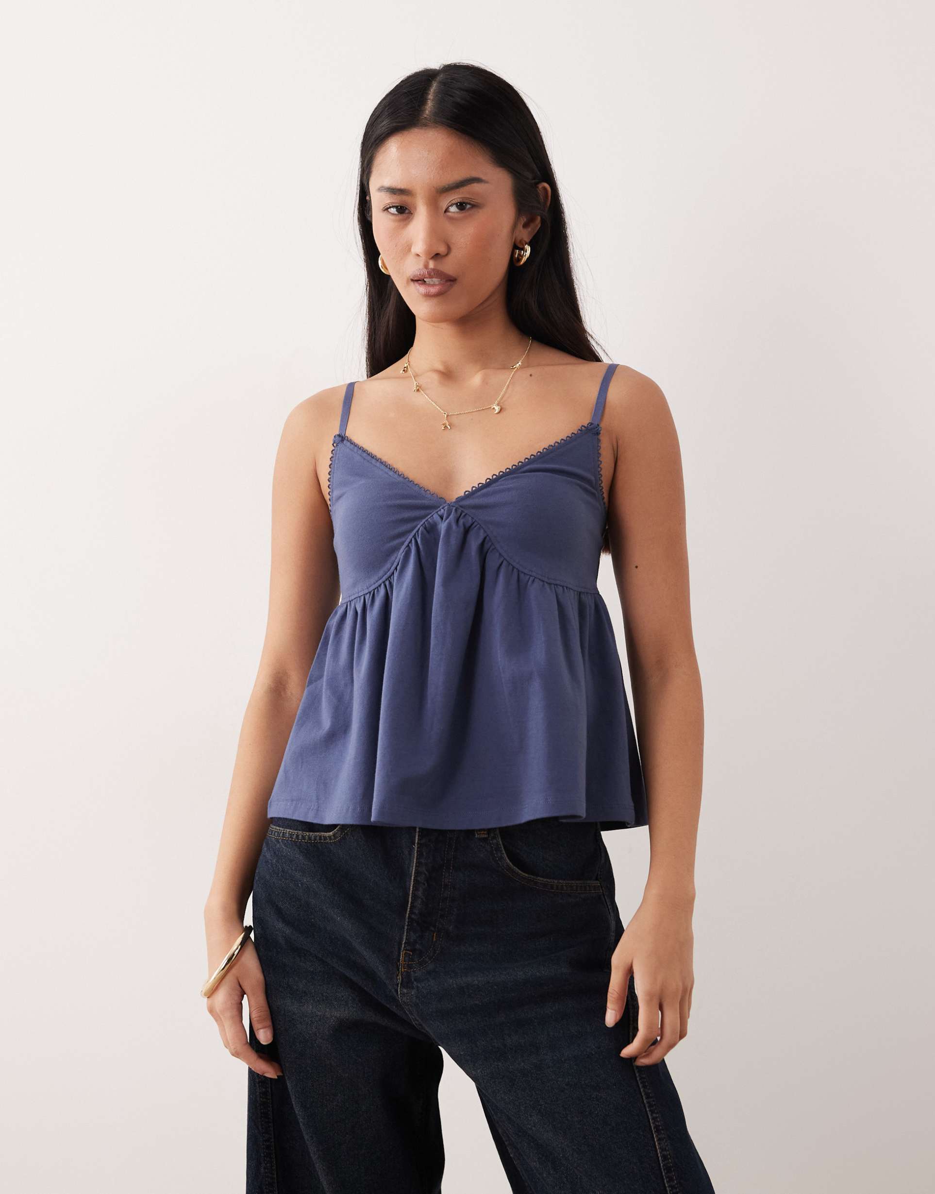 asos design trim detail babydoll cami in navy