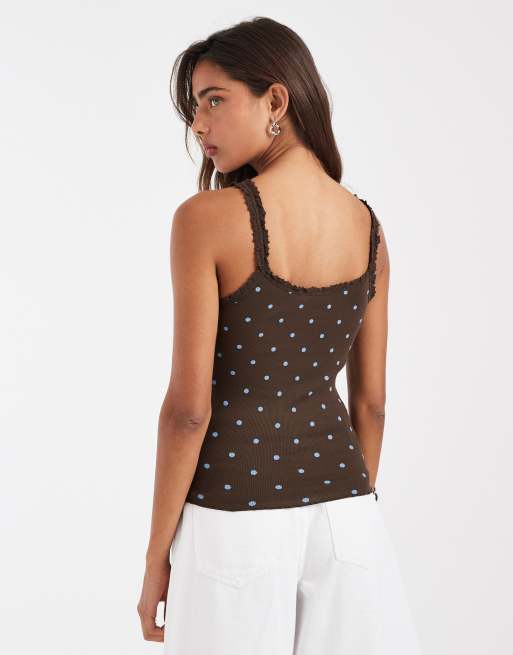 ASOS DESIGN trim detail cami in choc polka dot, 4 of 4
