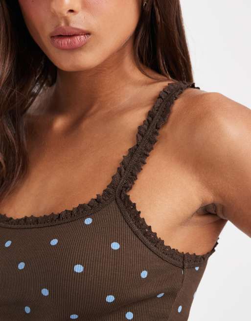 ASOS DESIGN trim detail cami in chocolate polka dot, 3 of 4