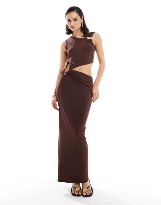 ASOS DESIGN trim detail cutout midi dress in chocolate | ASOS