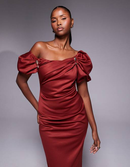 ASOS DESIGN trim detail fallen shoulder puff sleeve structured midi dress in rust, 3 of 4