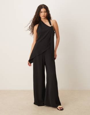 Asos Design Trim Detail Halter Overlay Jumpsuit In Black