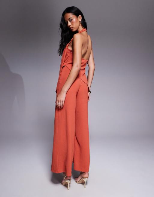 ASOS DESIGN trim detail halter overlay jumpsuit in rust ASOS