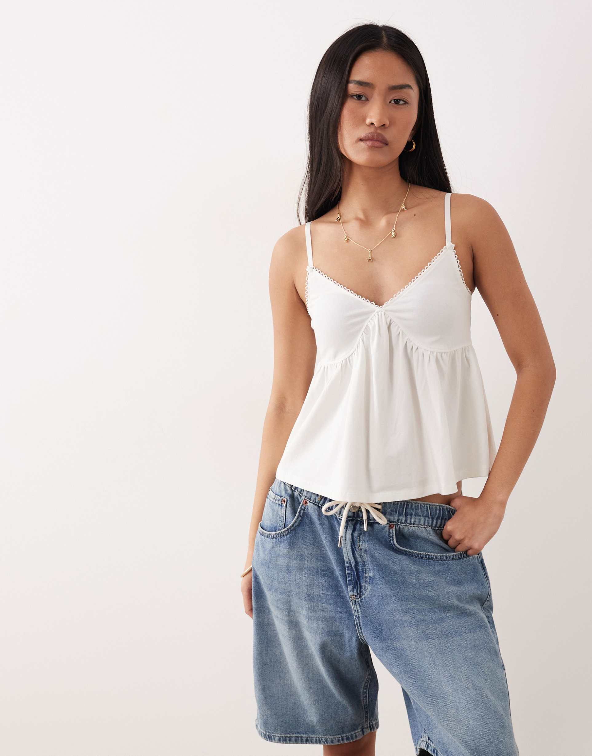 asos design trim detailing babydoll cami top in cream