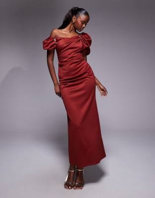 Asos Design Trim Detailing Fallen Shoulder Puff Sleeve Structured Midi Dress In Red
