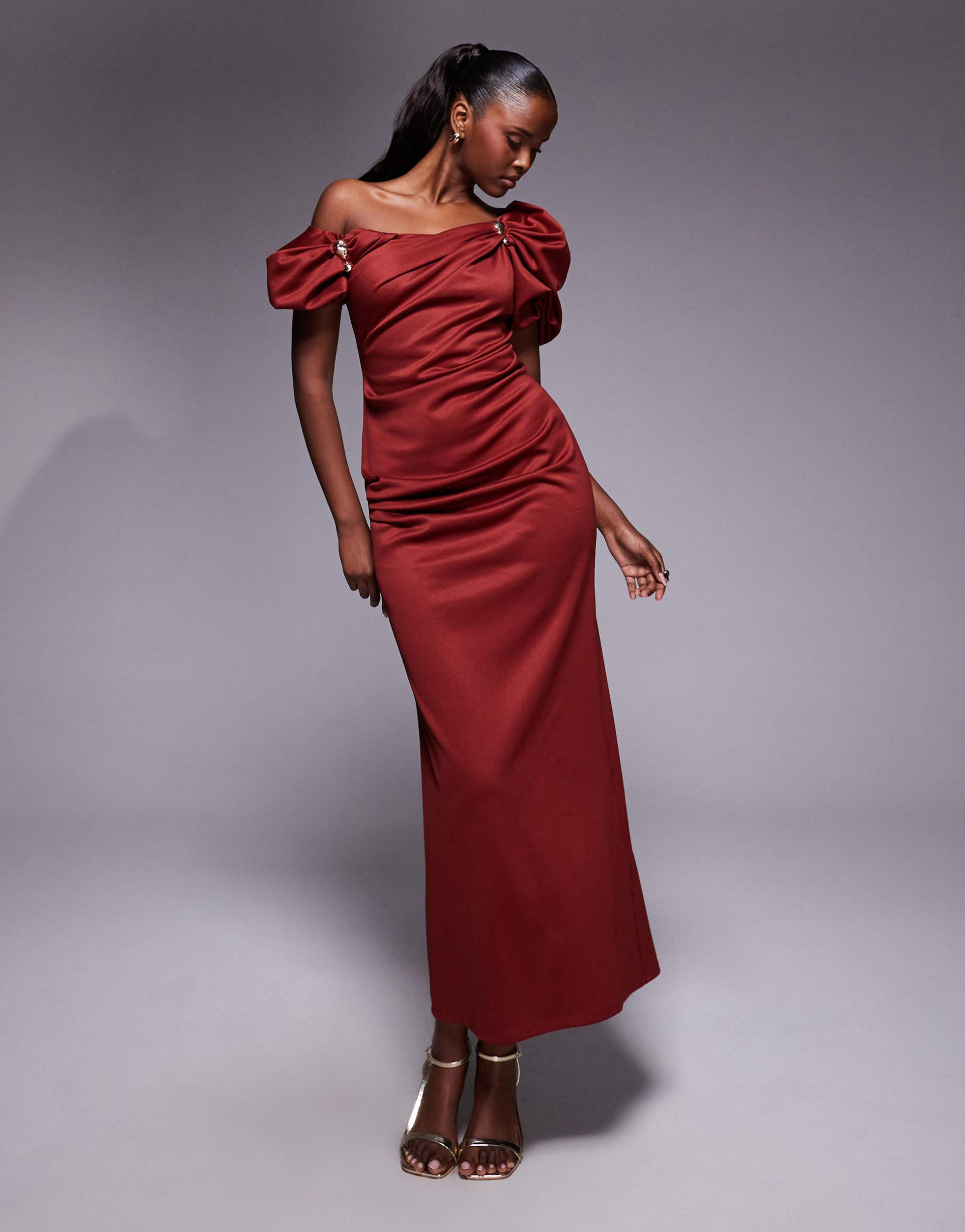asos design trim detailing fallen shoulder puff sleeve structured midi dress in rust