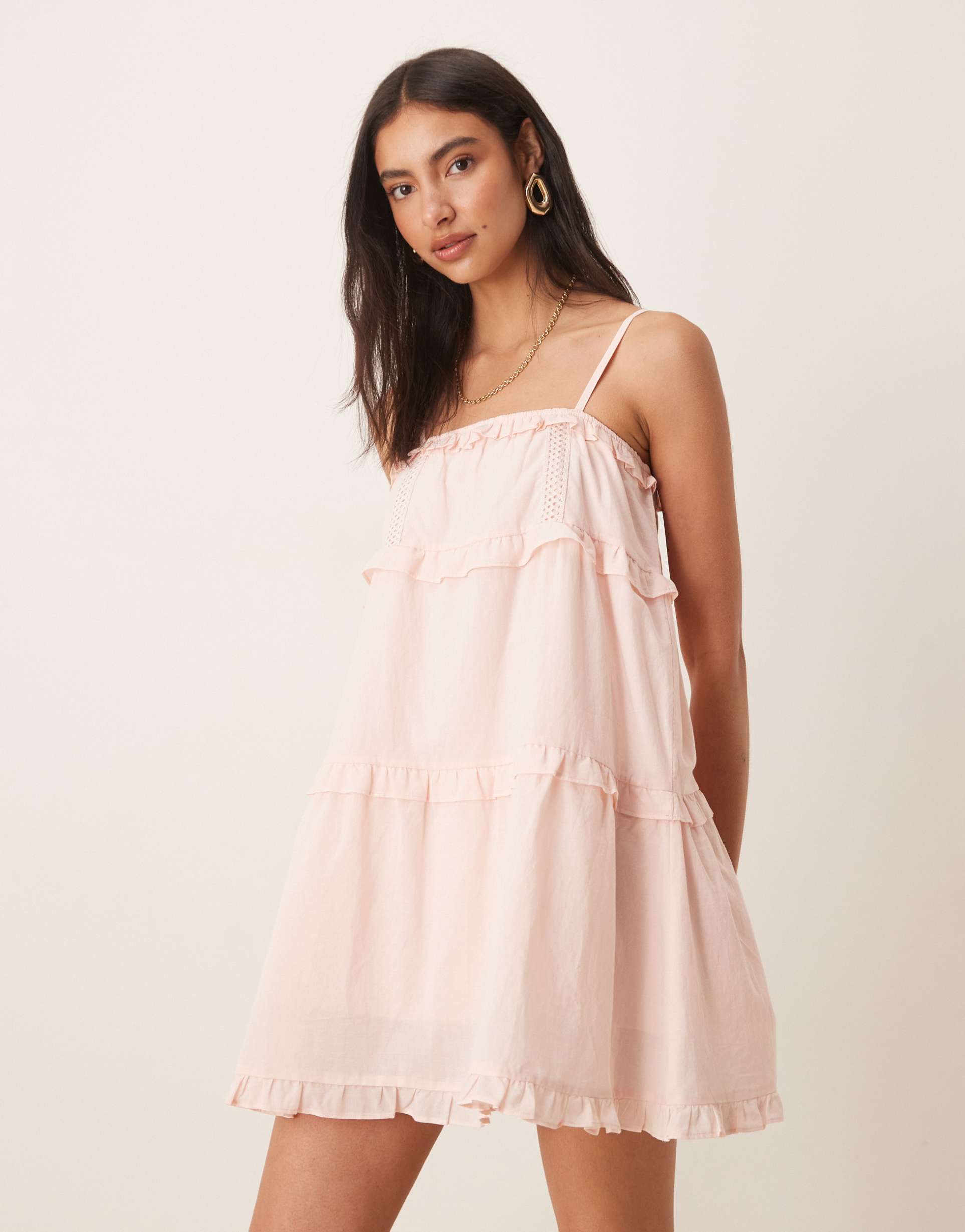 asos design trim inserts babydoll mini dress in baby pink