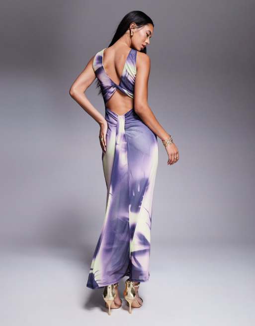 ASOS DESIGN trimmed halter neck maxi dress with twisted back detail in abstract print