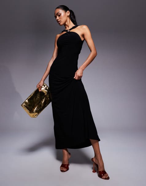 ASOS DESIGN trimmed halterneck maxi dress with twisted back detail in black - view 1