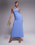 [ASOS DESIGN] ASOS DESIGN trimmed halterneck maxi dress with twisted back detail in blue 12 Blue