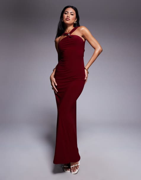 ASOS DESIGN trimmed halterneck maxi dress with twisted back detail in burgundy - view 1