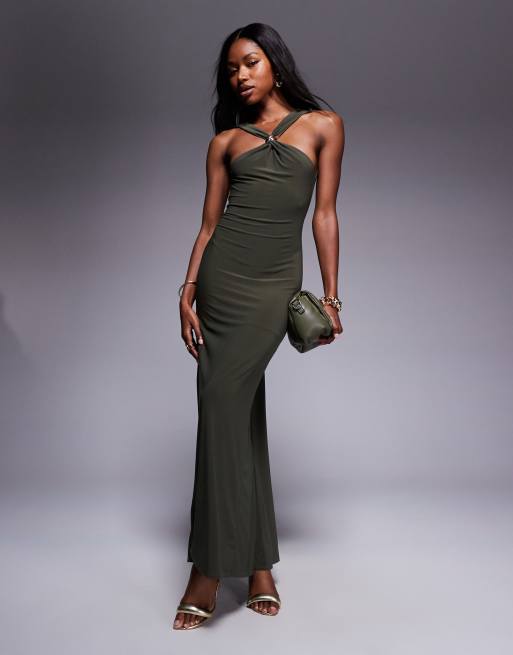 ASOS DESIGN trimmed halterneck maxi dress with twisted back detail in khaki