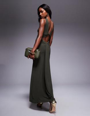 Asos Design Trimmed Halterneck Maxi Dress With Twisted Back Detail In Green