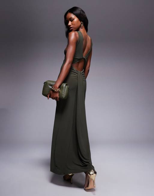 ASOS DESIGN trimmed halterneck maxi dress with twisted back detail in khaki