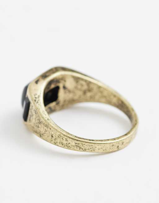 ASOS DESIGN triple black stone signet ring in gold, 3 of 3