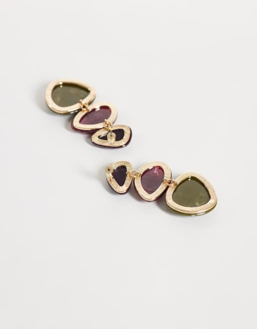 ASOS DESIGN triple drop earrings with dark multi-coloured resins, 3 of 5