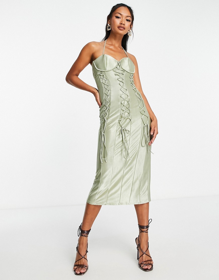 ASOS DESIGN triple lace up midi dress in sage satin-Green