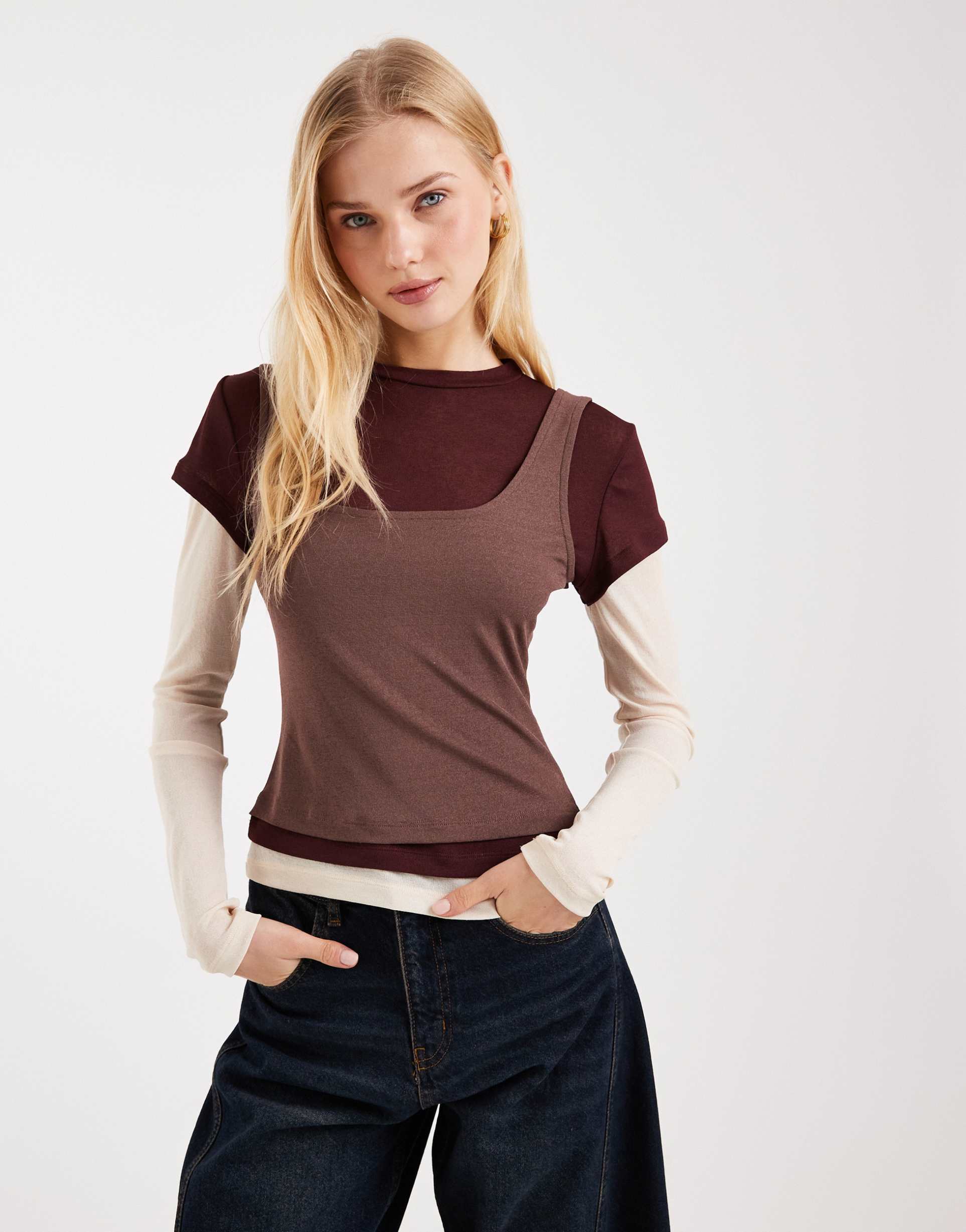 asos design triple layer long sleeve top in multi