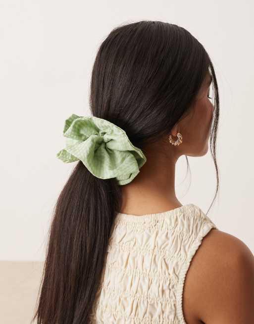 ASOS DESIGN triple layered textured scrunchie in pastel green stripe, 3 of 3
