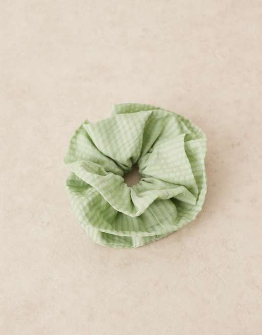 ASOS DESIGN triple layered textured scrunchie in pastel green stripes, 2 of 3