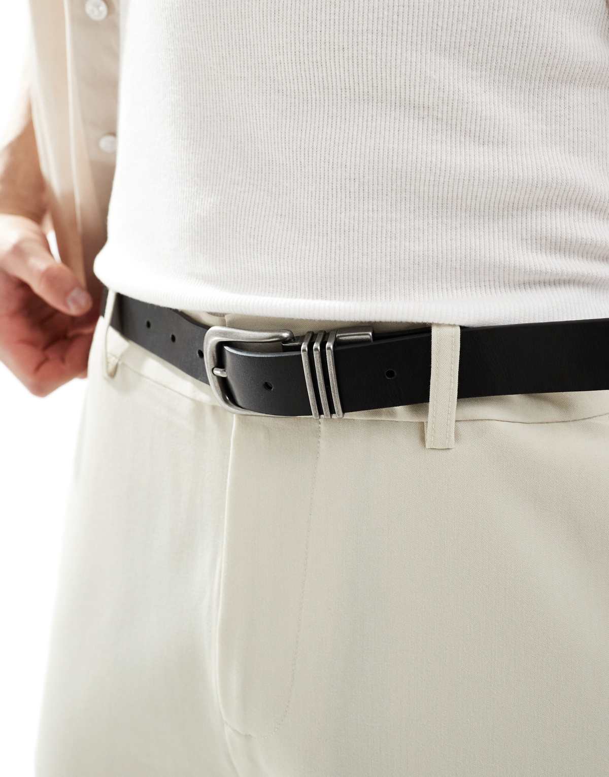ASOS DESIGN triple metal keeper belt in pebble black faux leather