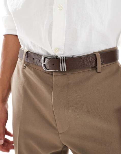 ASOS DESIGN triple metal keeper belt in pebble brown faux leather - view 1