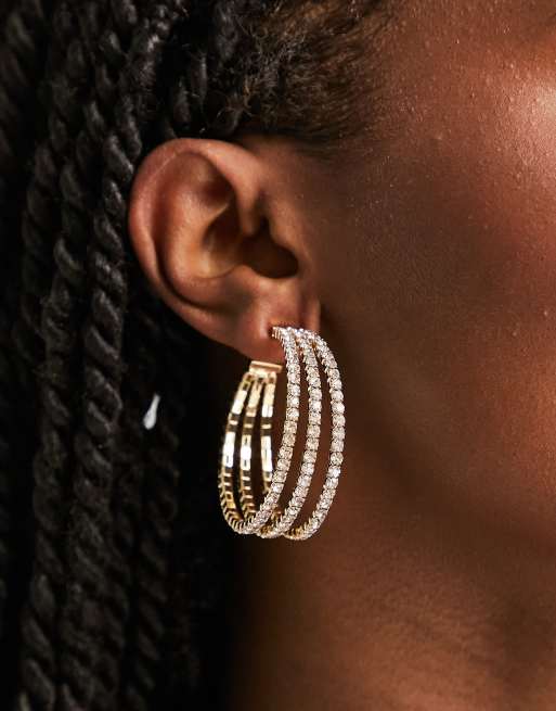 ASOS DESIGN triple row hoop earrings with crystal detail in gold tone