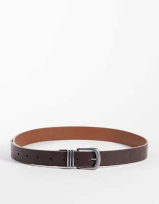 Asos Design Triple Row Keeper Reversible Faux Leather Belt With Silver Buckle In Brown