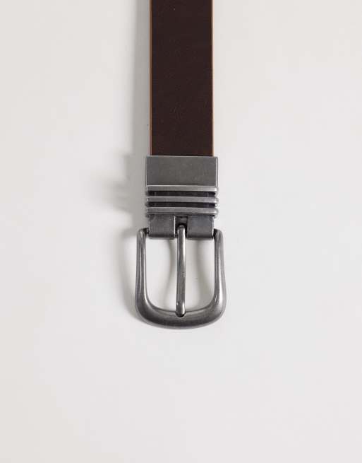 ASOS DESIGN triple row keeper reversible faux leather belt with silver buckle in tan and brown, 2 of 3