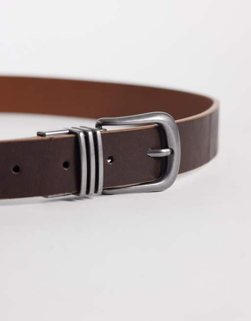 ASOS DESIGN triple row keeper reversible faux leather belt with silver buckle in tan and brown, 3 of 3