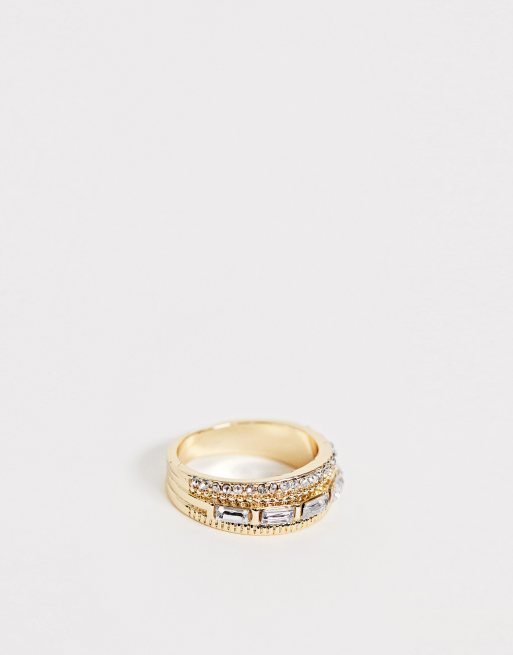 ASOS DESIGN triple row ring with engraved and crystal detail in gold tone