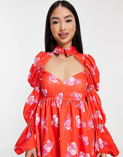  triple sleeve ditsy smock dress in red and pink floral 