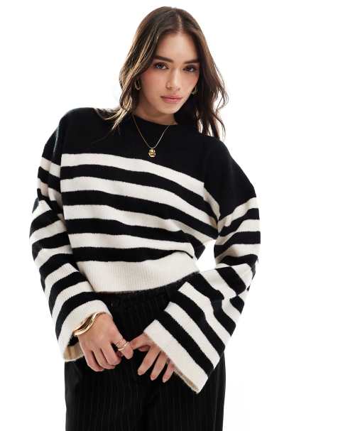 ASOS DESIGN - Trøje med rund hals, brede ærmekanter og monokrome striber i firkantet pasform - view 1