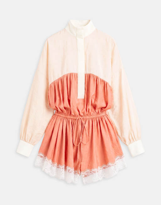 ASOS DESIGN trænings-playsuit med blondkant i orange farveblok-design, 5 af 8