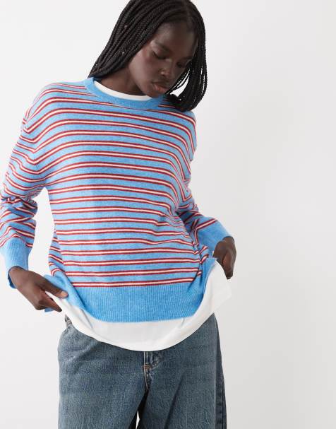 ASOS DESIGN tröja med rund halsringning i blått och rött randmönster - view 1