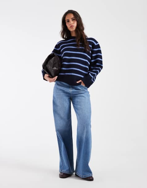 ASOS DESIGN tröja med sänkt axelsöm och lång modell i marinblått och koboltblå rand - view 1