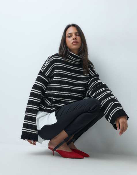 ASOS DESIGN tröja med ståkrage, pingvinärmar, ränder och chenille i svart och vitt - view 1