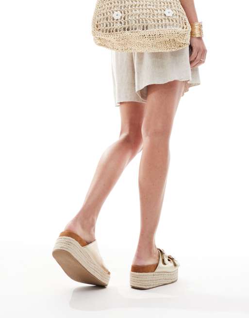 ASOS DESIGN Trooper buckle detail flatform mules in gold