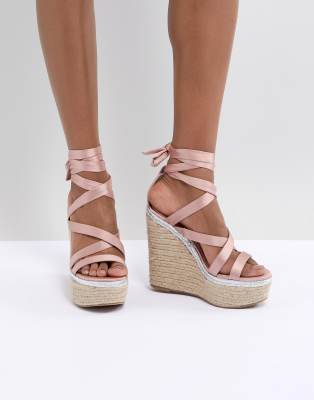 ASOS DESIGN Trophy Tie Leg High Wedges-Pink