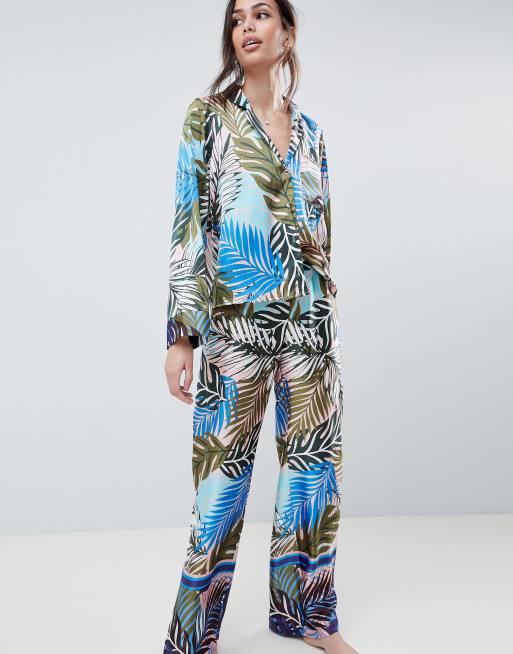 ASOS DESIGN Tropical Border Print Satin Pajama Set