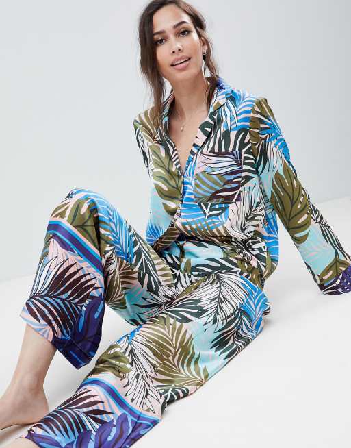 ASOS DESIGN Tropical Border Print Satin Pajama Set